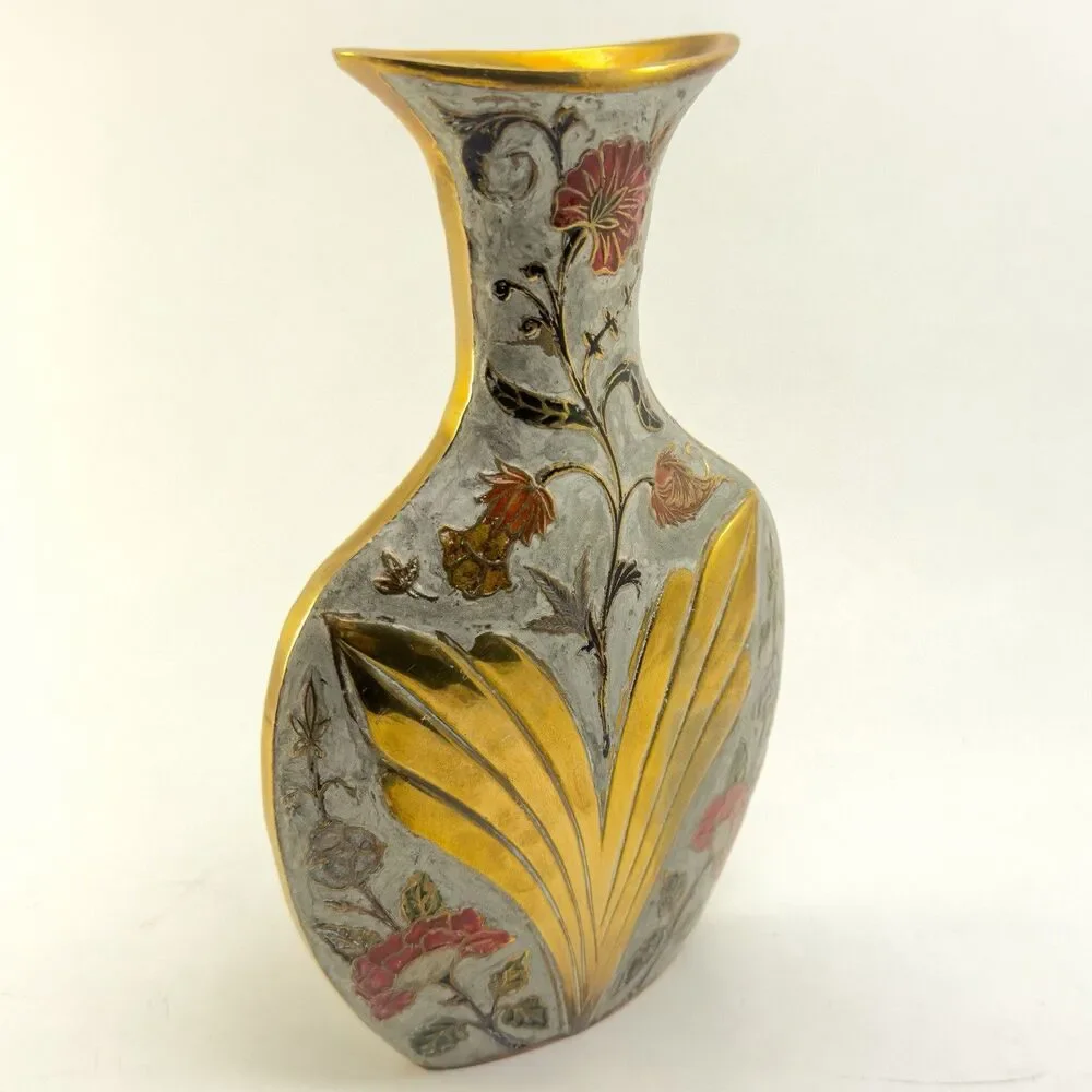 Vintage Enamel Floral Brass Vase Art Nouveau Style Gold 9”